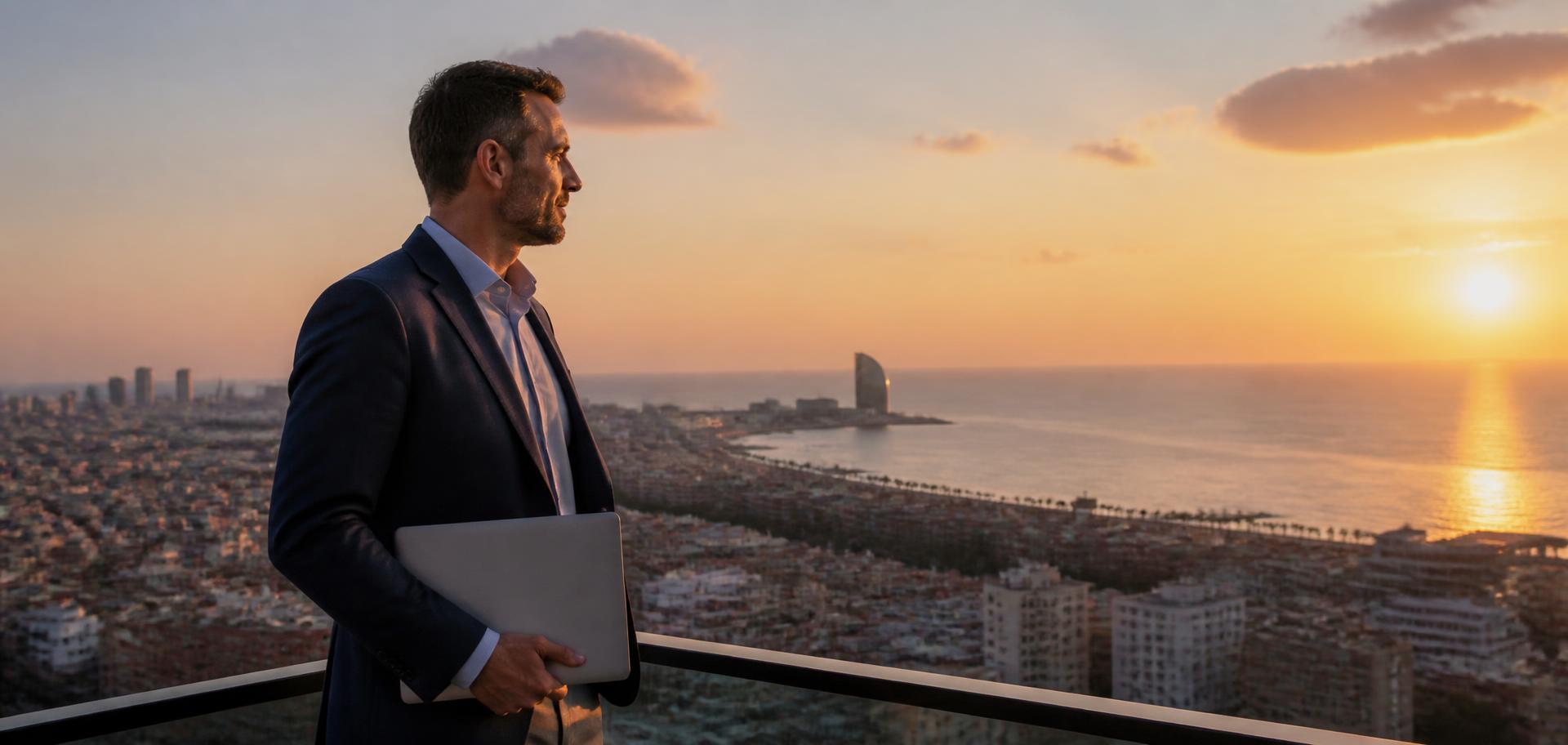 Profissional com notebook fechado contemplando a cidade e o mar na Espanha ao entardecer